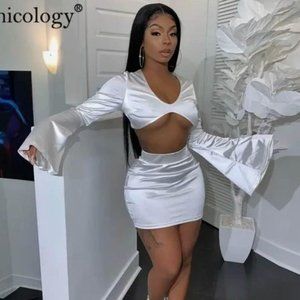 white silver satin dress